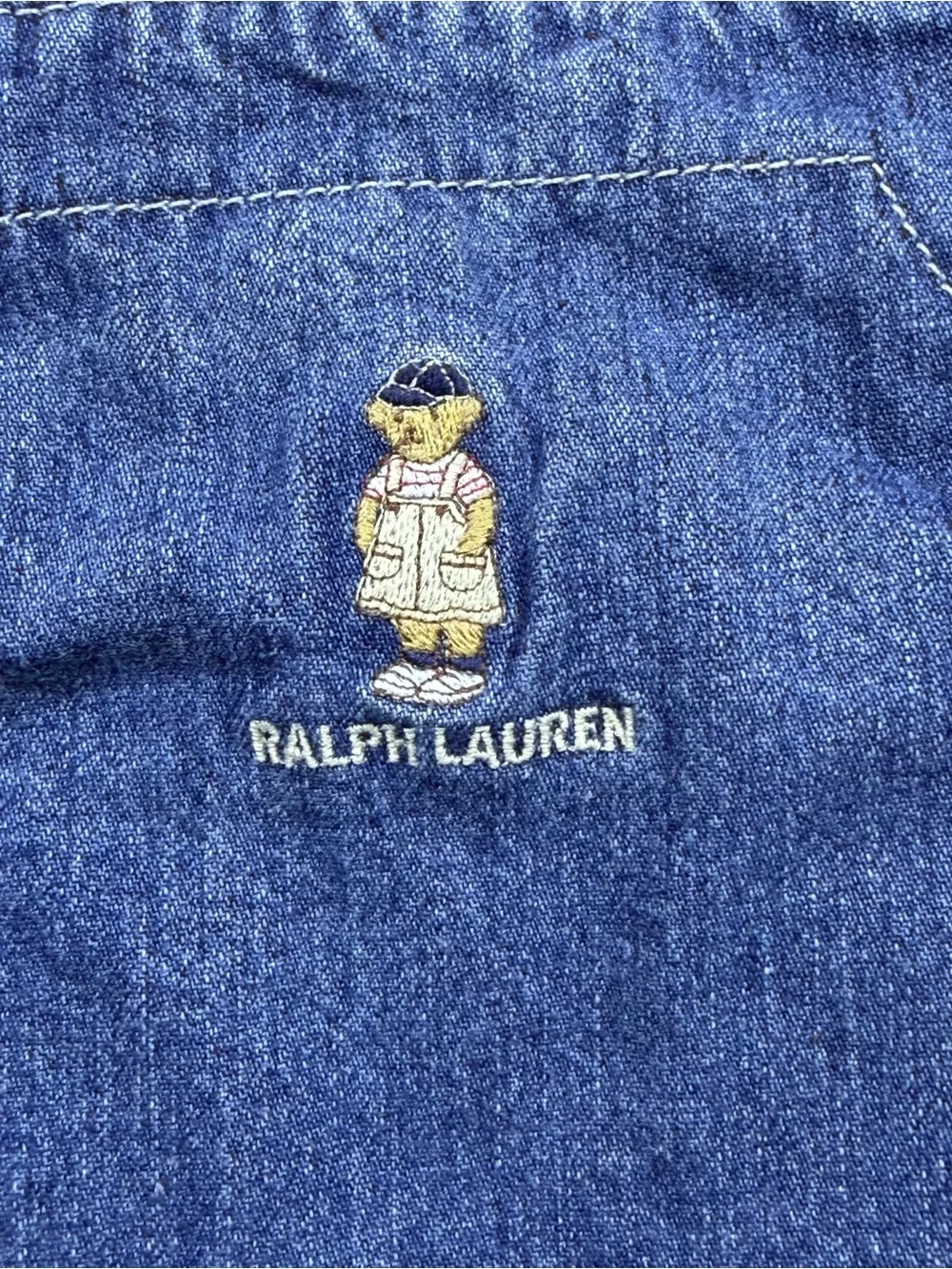 Ralph Lauren Baby Denim Jumper Dress Size 12-18M Embroidered Bear Blue Overalls